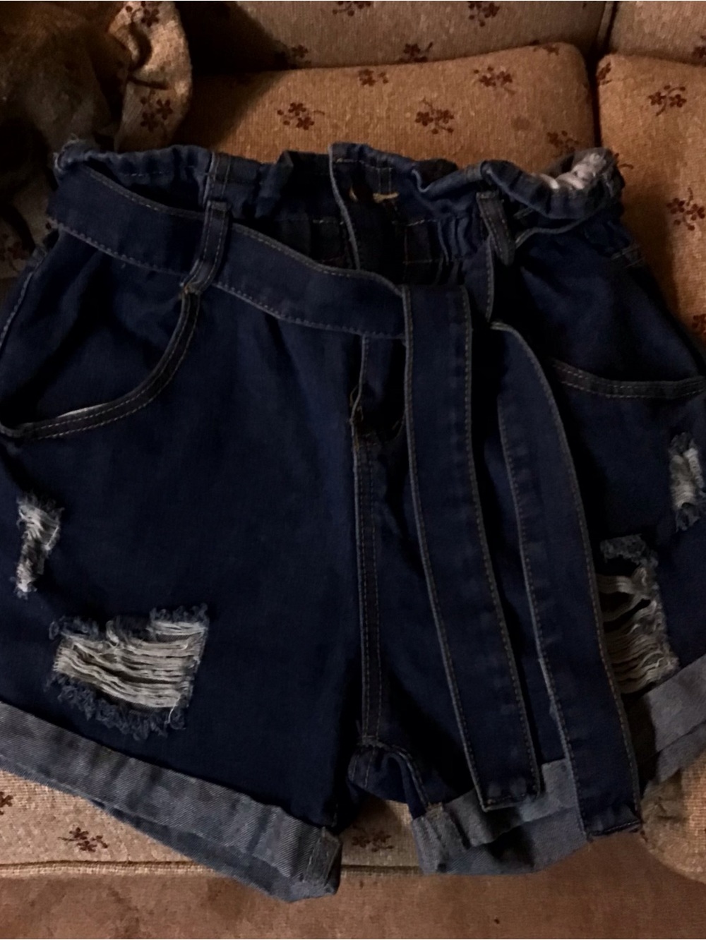 Source Unknown Dark Blue Distressed Paperbag Denim Shorts with Tie Belt